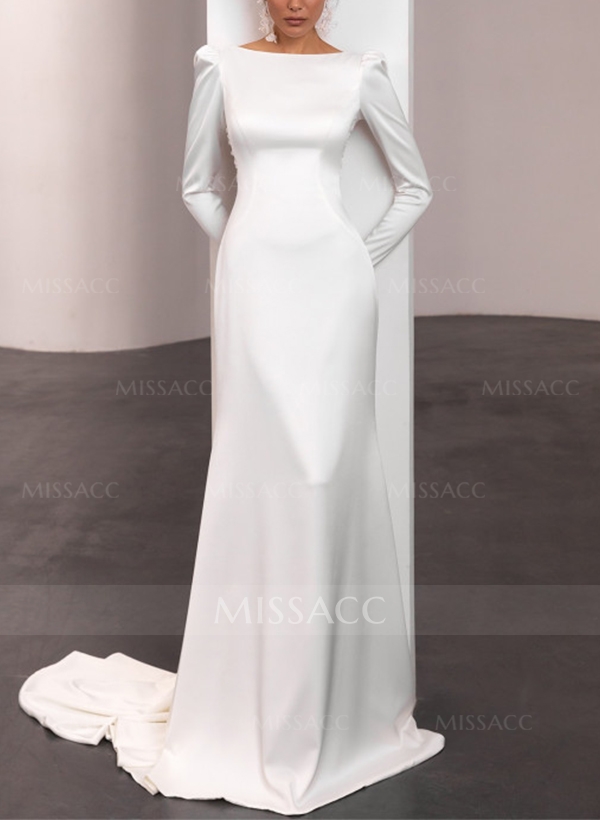 Scoop Neck Long Sleeves Sweep Train Lace/Satin Wedding Dresses