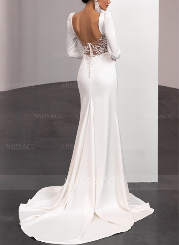 Scoop Neck Long Sleeves Sweep Train Lace/Satin Wedding Dresses