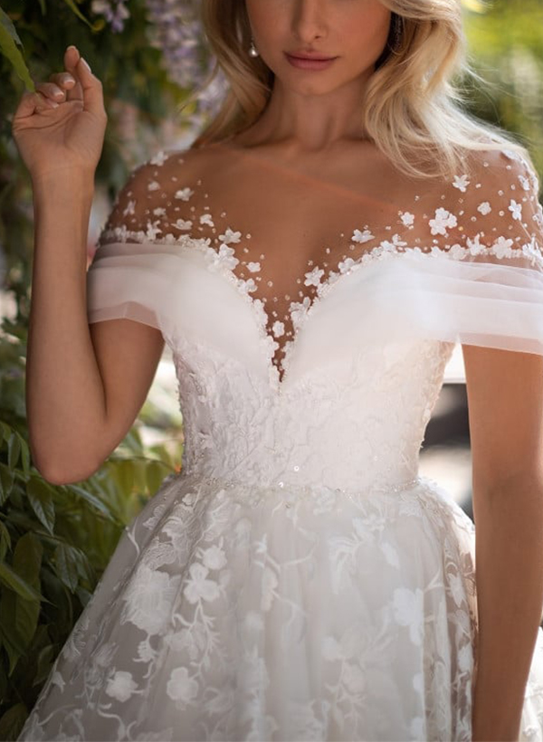 A-Line Illusion Neck Short Sleeves Sweep Train Lace Wedding Dresses