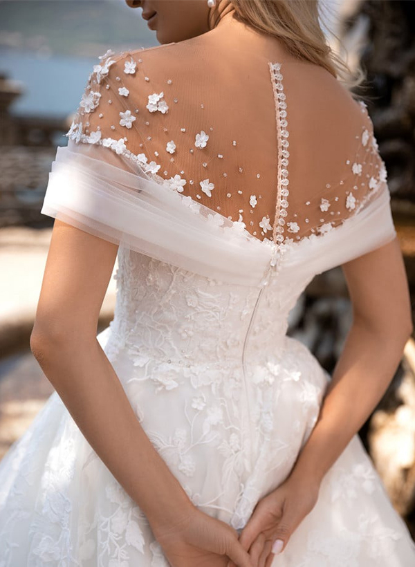 A-Line Illusion Neck Short Sleeves Sweep Train Lace Wedding Dresses