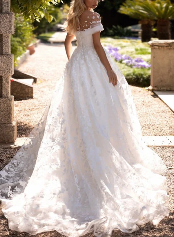 short sleeve illusion wedding dress Illusion Neck Short Sleeve Satin Wedding Ball Gown