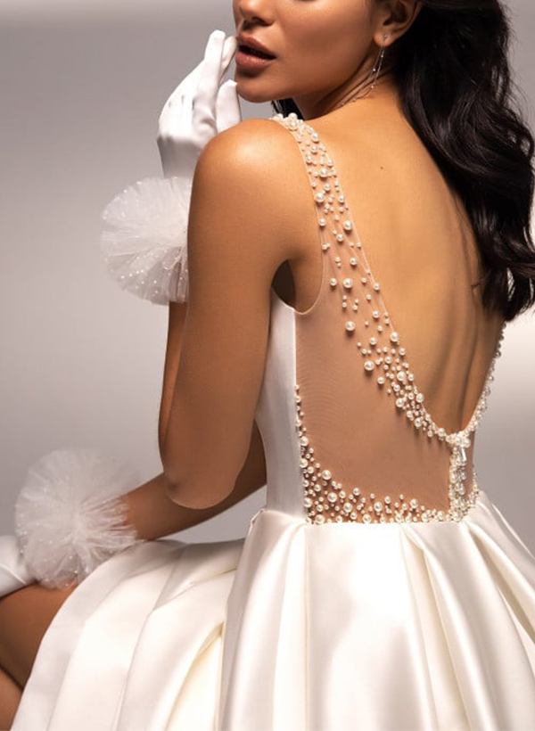 A-Line Square Neckline Sleeveless Satin Wedding Dresses With Beading