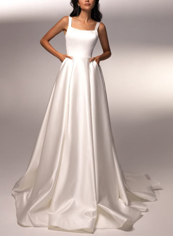 A-Line Square Neckline Sleeveless Satin Wedding Dresses With Beading