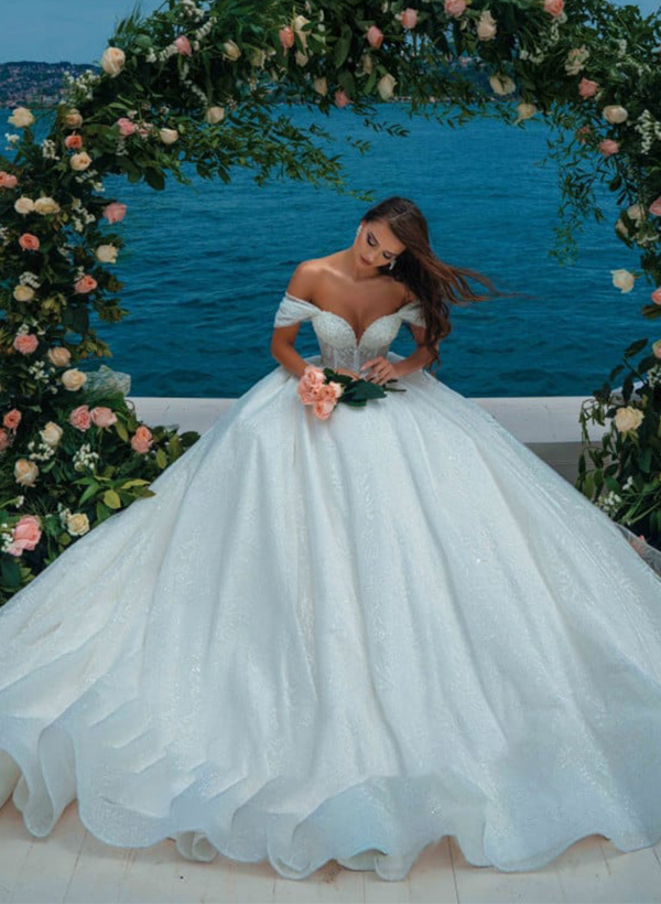 Ball-Gown Off-The-Shoulder Sleeveless Sweep Train Wedding Dresses