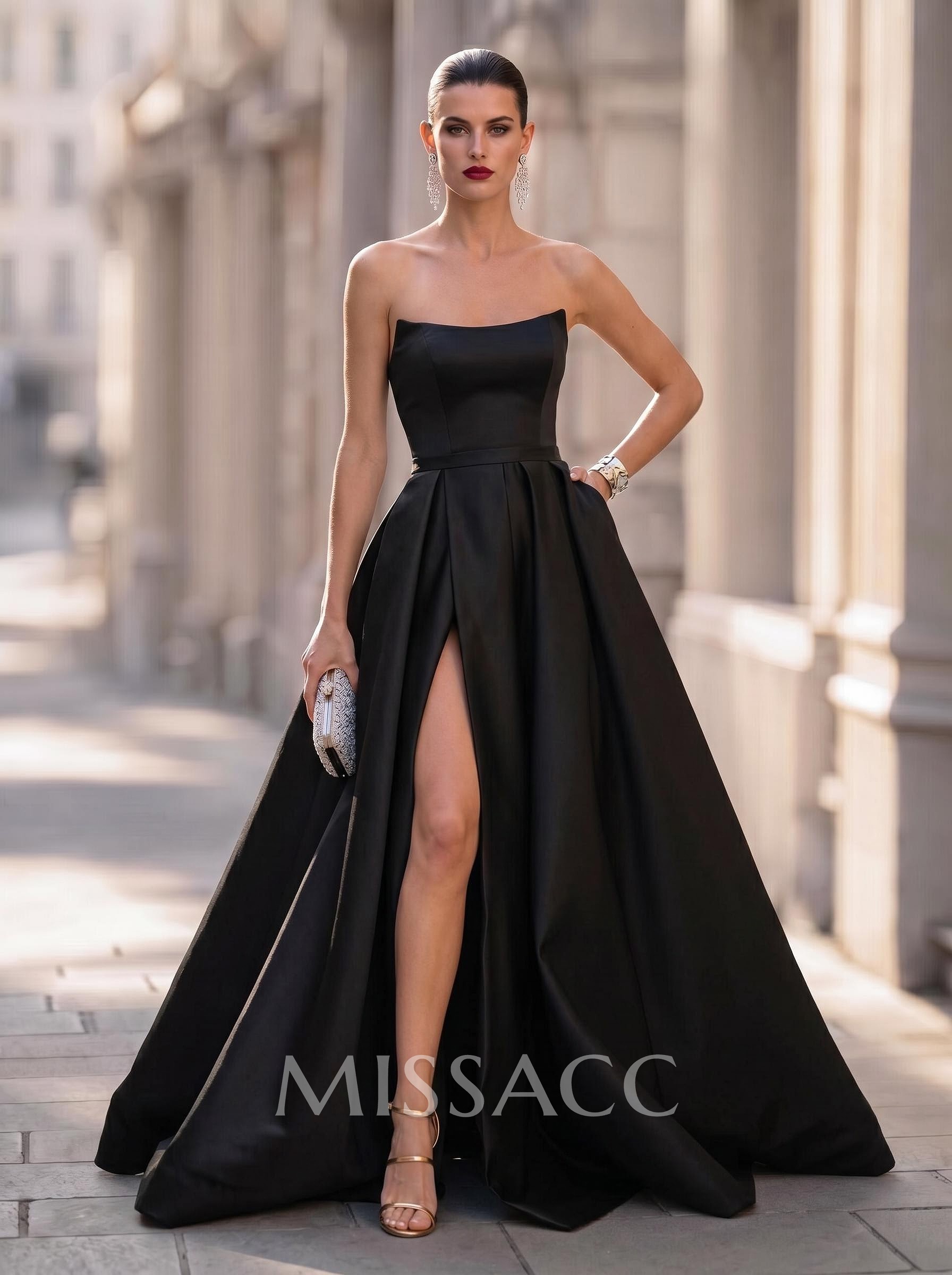 Ball-Gown Strapless Sleeveless Floor-Length Satin Wedding Dresses With Split Front Ball-Gown Strapless Sleeveless Floor-Length Satin Wedding Dresses With Split Front