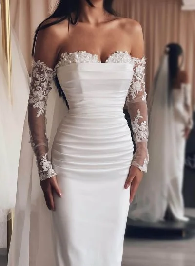 Sweetheart Detachable Train Lace Sleeves Wedding Dresses