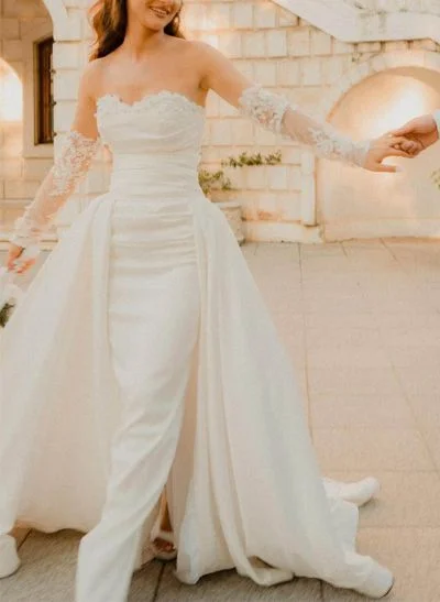 Sweetheart Detachable Train Lace Sleeves Wedding Dresses
