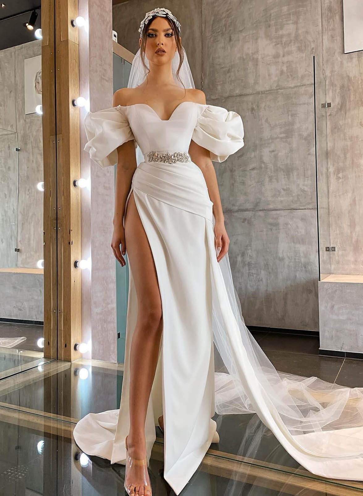 Simple Off-The-Shoulder High Slit Wedding Dresses With Beading