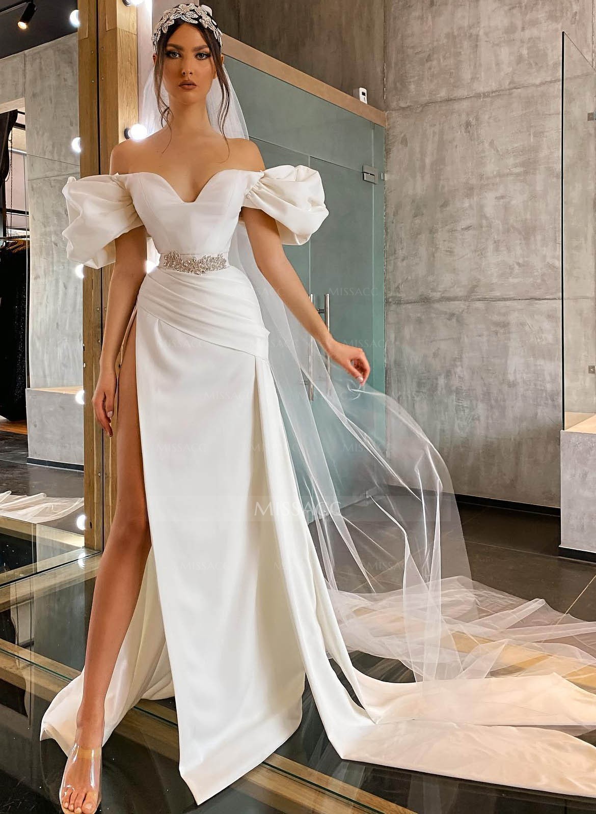 Simple Off-The-Shoulder High Slit Wedding Dresses With Beading