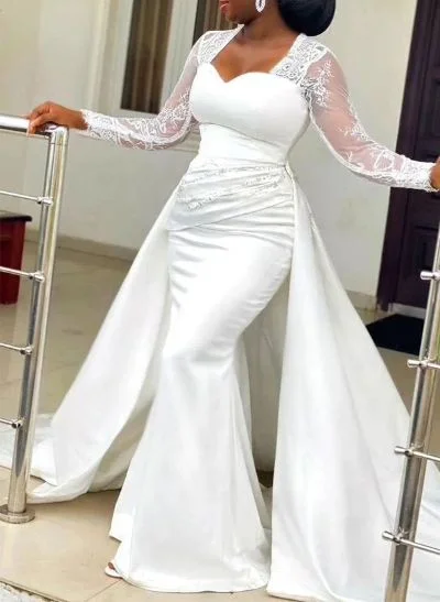 Sweetheart Lace Long Sleeves Satin Wedding Dresses
