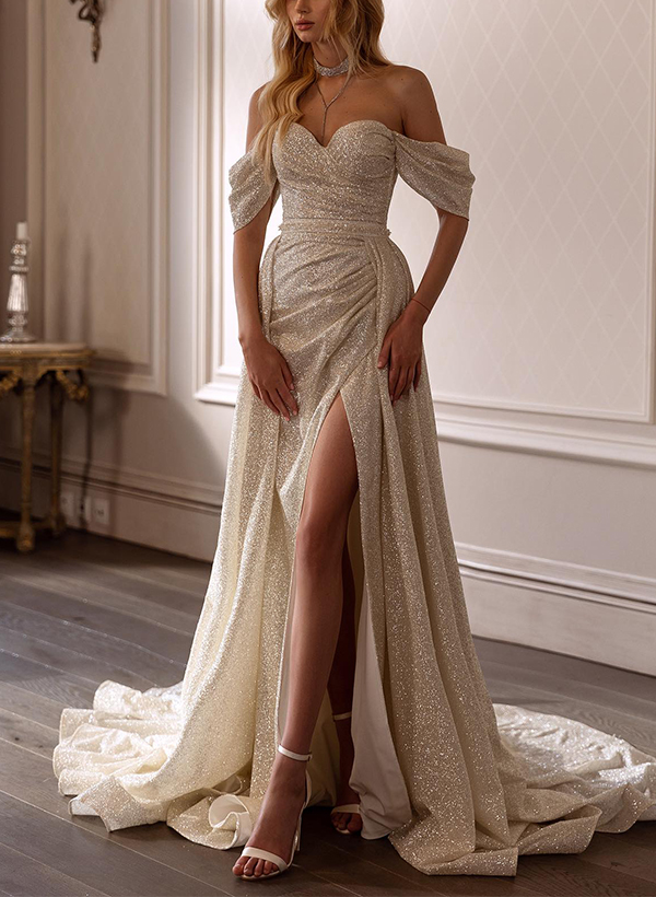 Sheath/Column Off-The-Shoulder Sequined Wedding Dresses With Split Front
