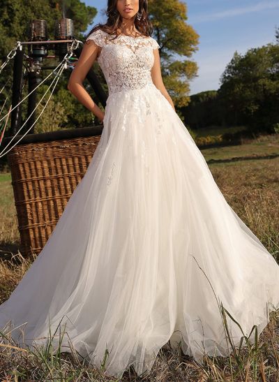 A-Line Illusion Neck Sleeveless Sweep Train Tulle Wedding Dresses With Lace