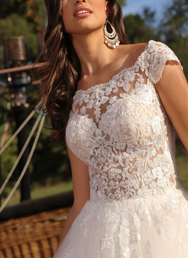 A-Line Illusion Neck Sleeveless Sweep Train Tulle Wedding Dresses With Lace