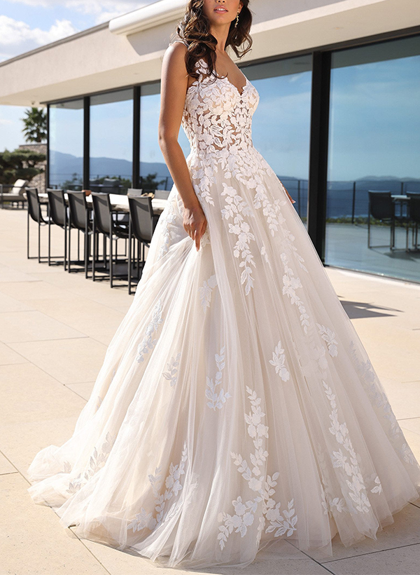 A-Line V-Neck Sleeveless Sweep Train Tulle Wedding Dresses With Appliques Lace