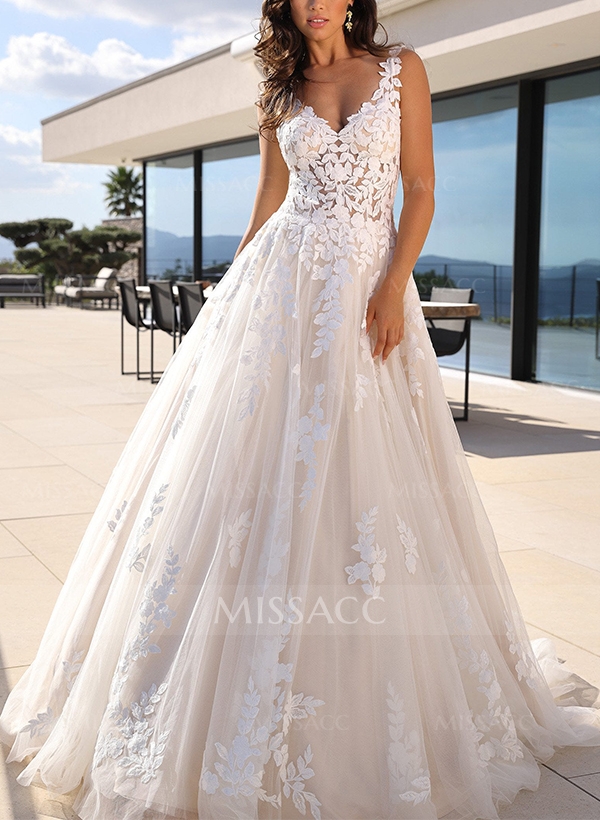 A-Line V-Neck Sleeveless Sweep Train Tulle Wedding Dresses With Appliques Lace