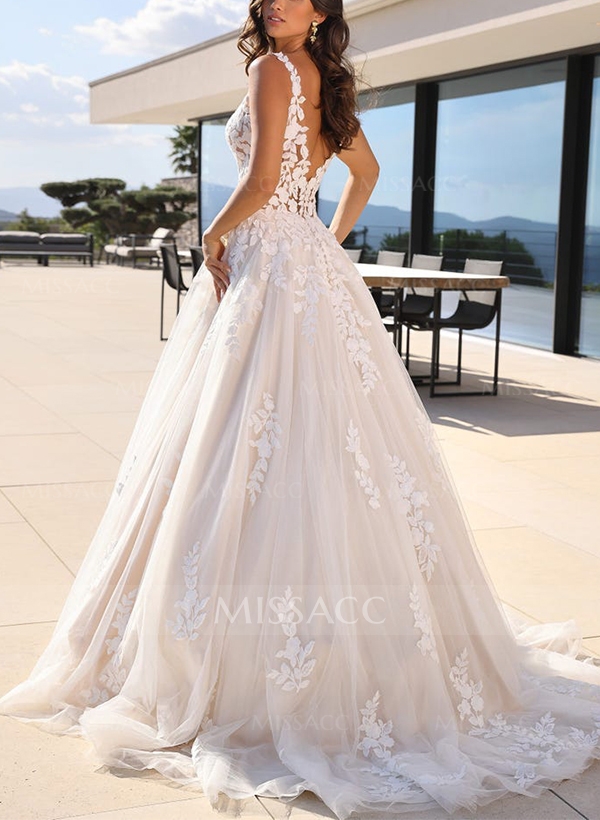 A-Line V-Neck Sleeveless Sweep Train Tulle Wedding Dresses With Appliques Lace