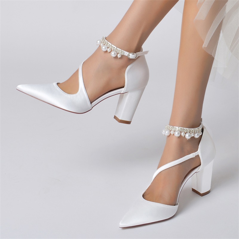 Closed Toe Ankle Strap Heel Wedding Shoes With Imitation Pearl