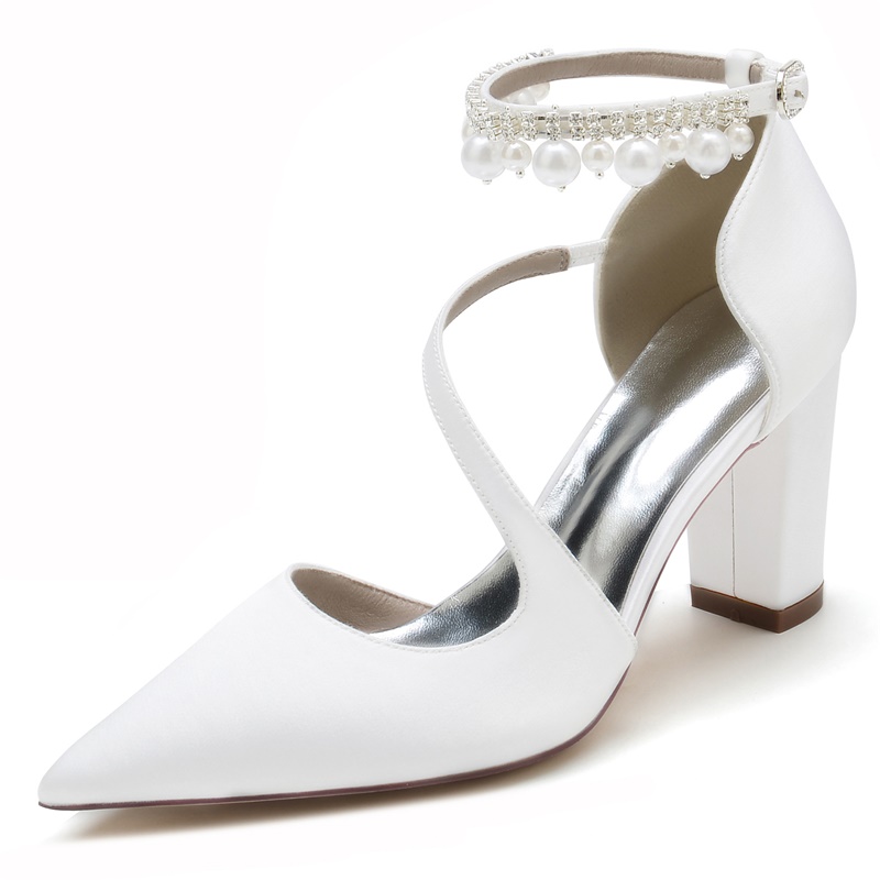 Closed Toe Ankle Strap Heel Wedding Shoes With Imitation Pearl