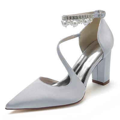 Closed Toe Ankle Strap Heel Wedding Shoes With Imitation Pearl