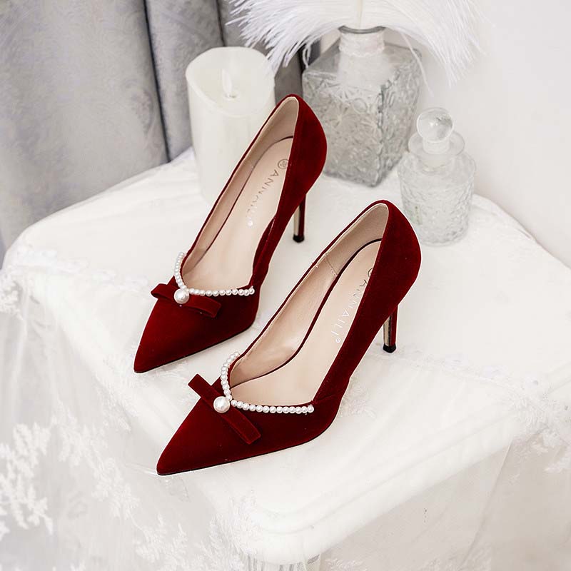 Point Toe Suede Stiletto Heel Wedding Shoes With Pearl