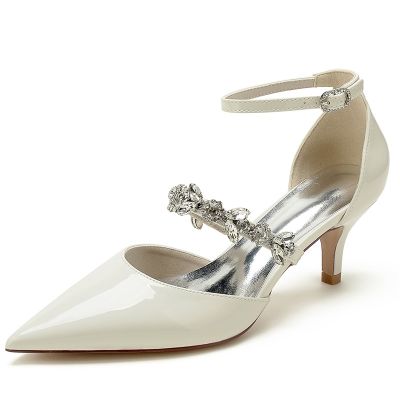 Point Toe Patent Leather Ankle Strap Heel Wedding Shoes With Rhinestone