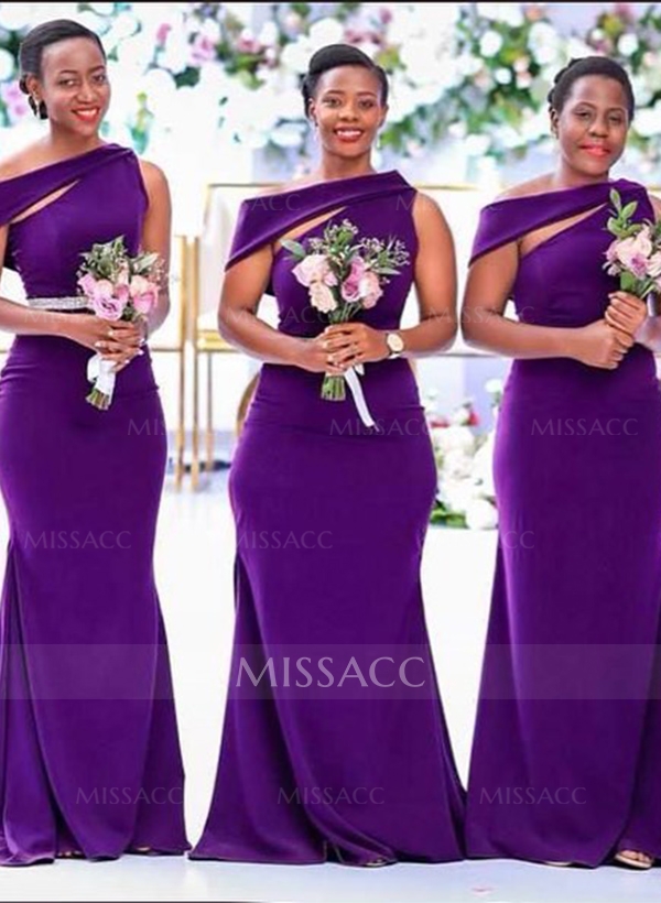 Sheath/Column Asymmetrical Sleeveless Sweep Train Bridesmaid Dresses