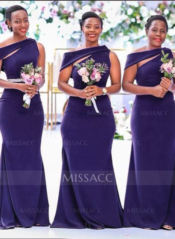 Sheath/Column Asymmetrical Sleeveless Sweep Train Bridesmaid Dresses