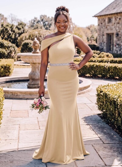 Sheath/Column Asymmetrical Sleeveless Sweep Train Bridesmaid Dresses