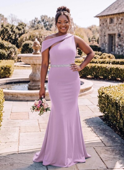Asymmetric Sleeveless Column Bridesmaid Dresses with Sweep Train