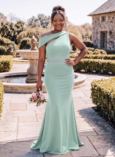 Sheath/Column Asymmetrical Sleeveless Sweep Train Bridesmaid Dresses