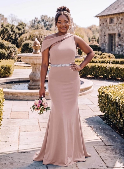 Sheath/Column Asymmetrical Sleeveless Sweep Train Bridesmaid Dresses