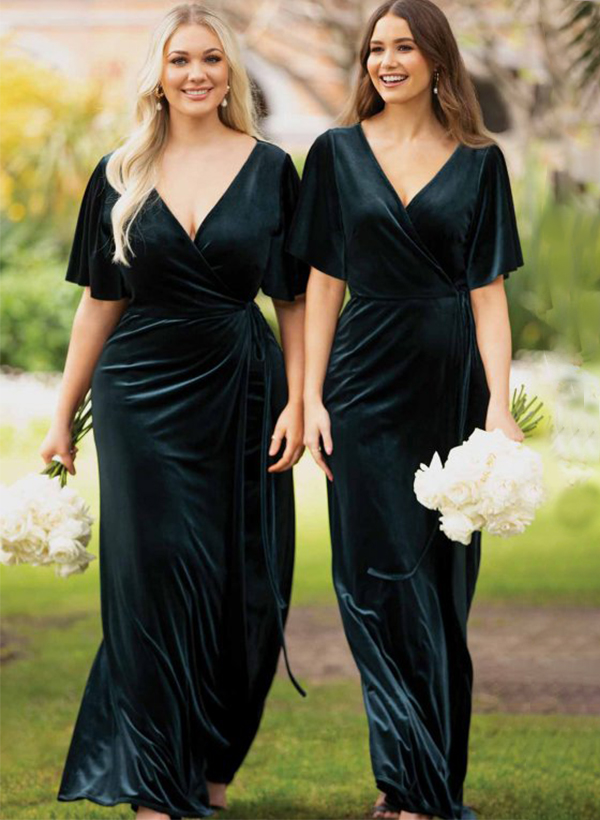 V-Neck Short Sleeves Floor-Length Velvet Bridesmaid Dresses