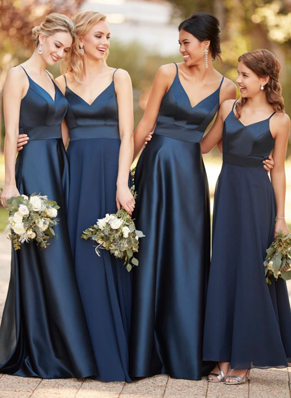 A-Line V-Neck Sleeveless Floor-Length Satin Bridesmaid Dresses