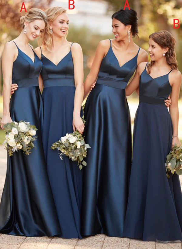 A-Line V-Neck Sleeveless Floor-Length Satin Chiffon Bridesmaid Dresses