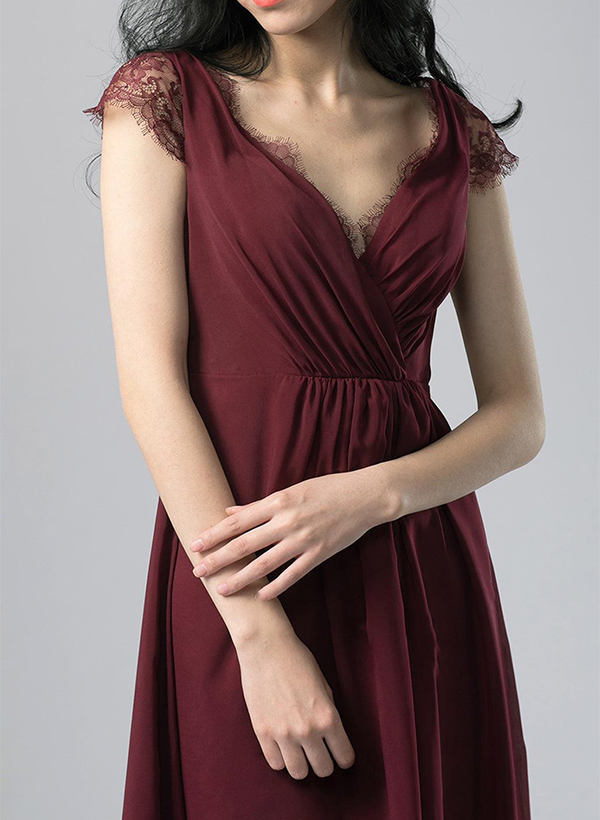 A-Line V-Neck Short Sleeves Chiffon Bridesmaid Dresses With Lace