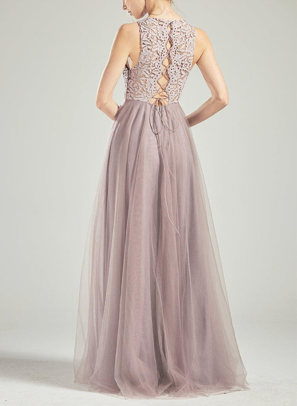 A-Line Scoop Neck Sleeveless Tulle Bridesmaid Dresses With Lace