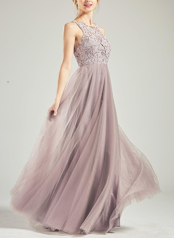 A-Line Scoop Neck Sleeveless Tulle Bridesmaid Dresses With Lace