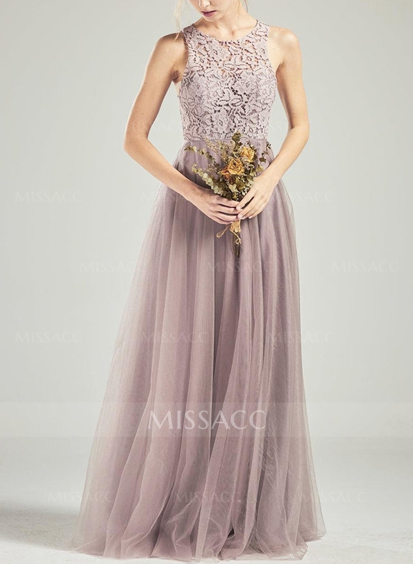A-Line Scoop Neck Sleeveless Tulle Bridesmaid Dresses With Lace