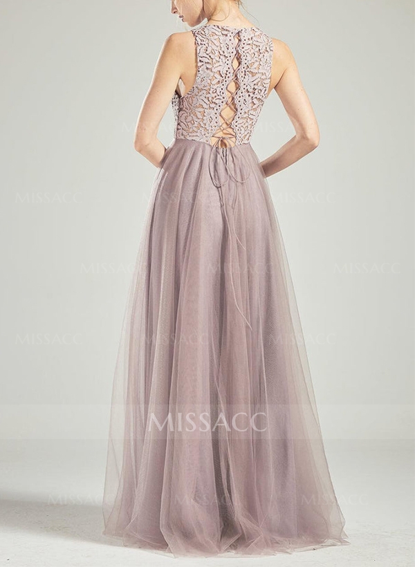 A-Line Scoop Neck Sleeveless Tulle Bridesmaid Dresses With Lace
