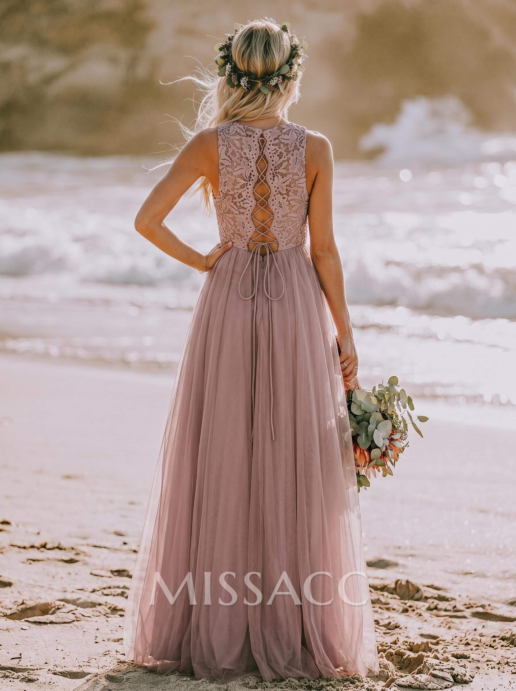 A-Line Scoop Neck Sleeveless Tulle Bridesmaid Dresses With Lace