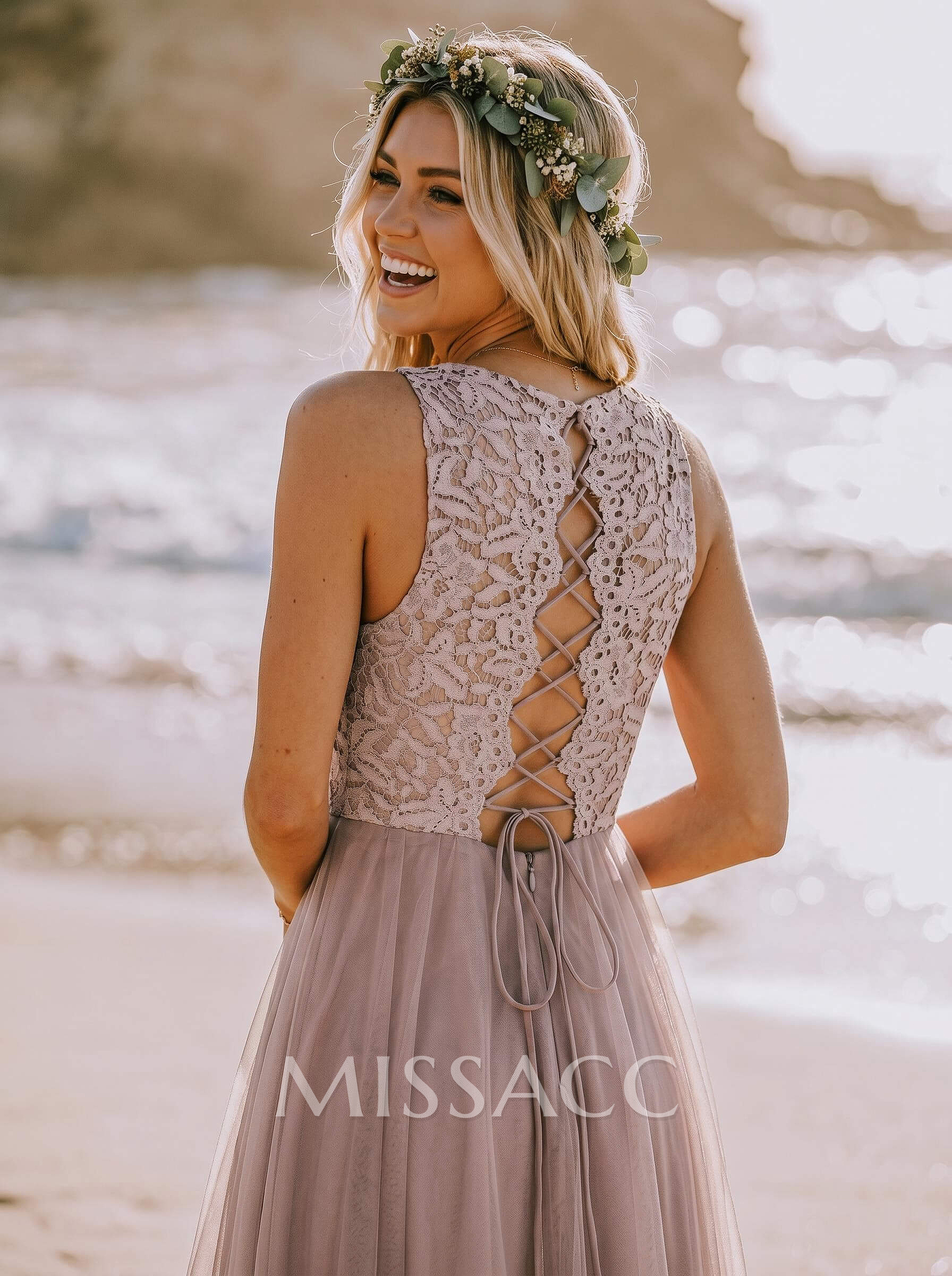 A-Line Scoop Neck Sleeveless Tulle Bridesmaid Dresses With Lace