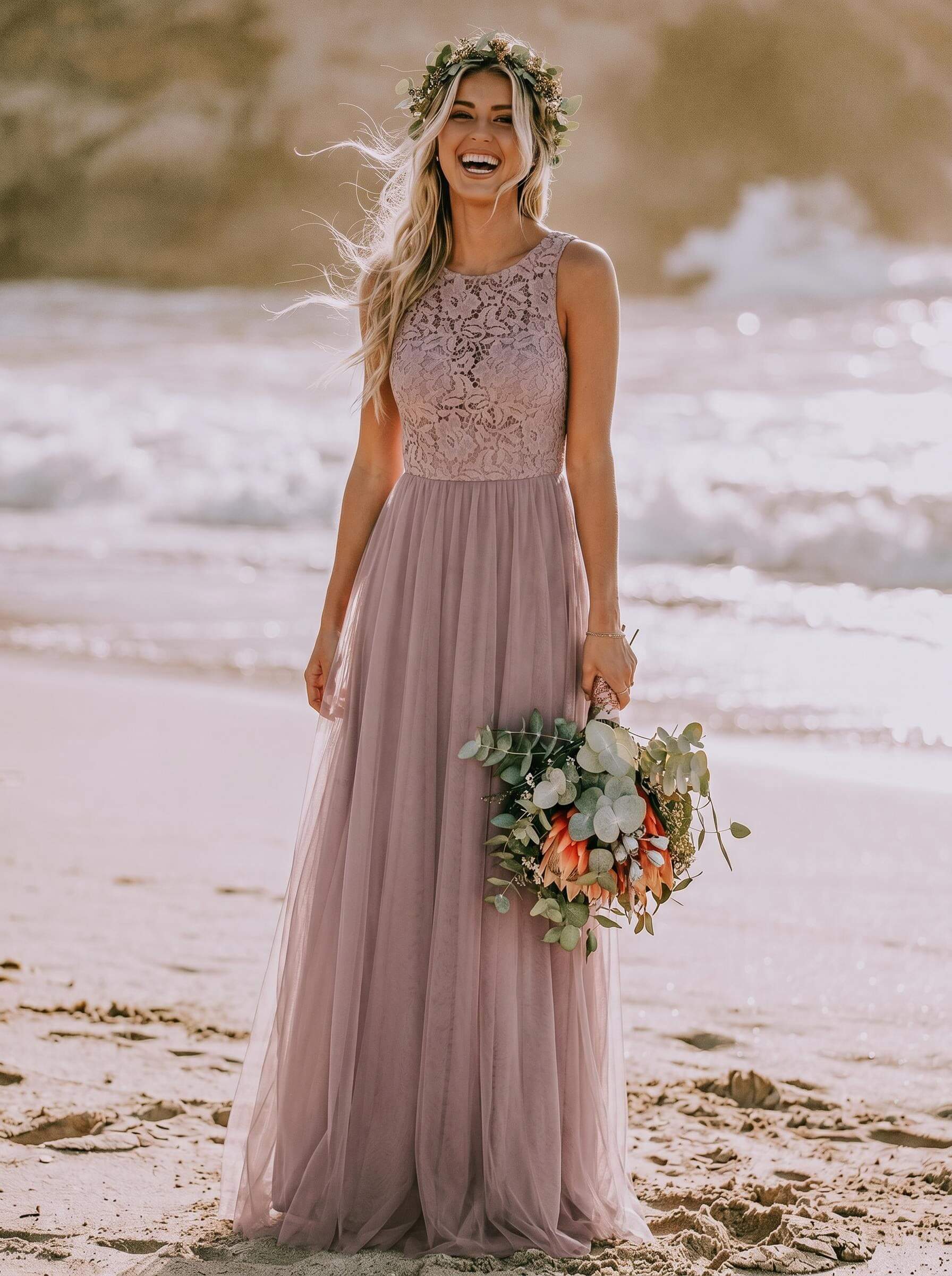 A-Line Scoop Neck Sleeveless Tulle Bridesmaid Dresses With Lace