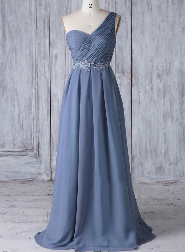 A-Line One-Shoulder Sleeveless Chiffon Bridesmaid Dresses With Lace