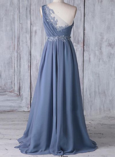 A-Line One-Shoulder Sleeveless Chiffon Bridesmaid Dresses With Lace