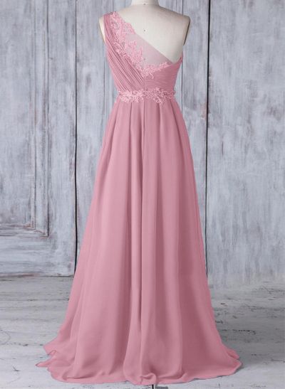 A-Line One-Shoulder Sleeveless Chiffon Bridesmaid Dresses With Lace