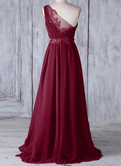 A-Line One-Shoulder Sleeveless Chiffon Bridesmaid Dresses With Lace