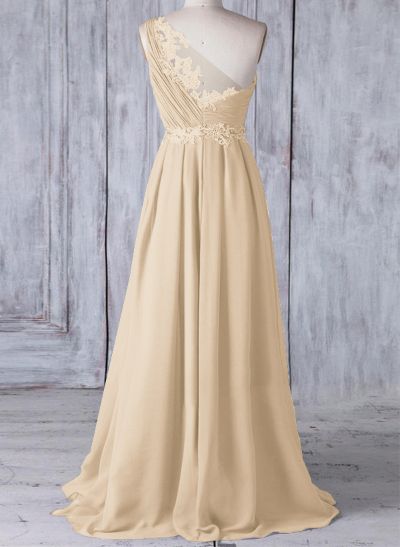 A-Line One-Shoulder Sleeveless Chiffon Bridesmaid Dresses With Lace