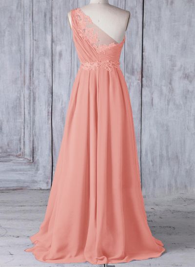 A-Line One-Shoulder Sleeveless Chiffon Bridesmaid Dresses With Lace