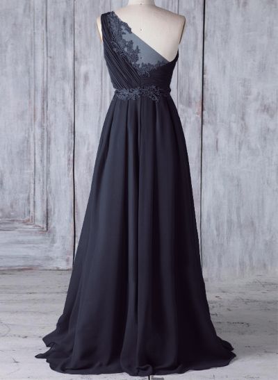 A-Line One-Shoulder Sleeveless Chiffon Bridesmaid Dresses With Lace