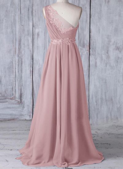 A-Line One-Shoulder Sleeveless Chiffon Bridesmaid Dresses With Lace